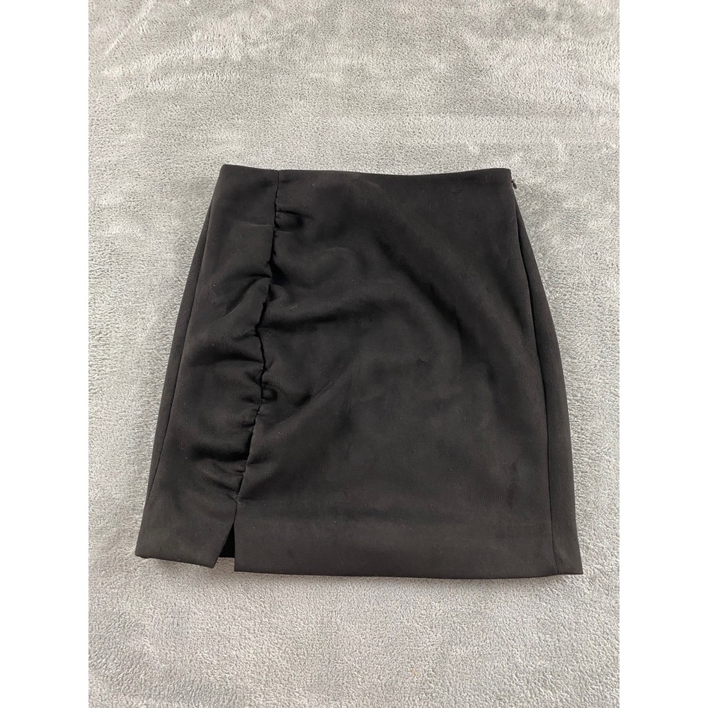 Free People Black Faux Suede Ruched Mini Skirt Side Slit Size 2 OB1003429